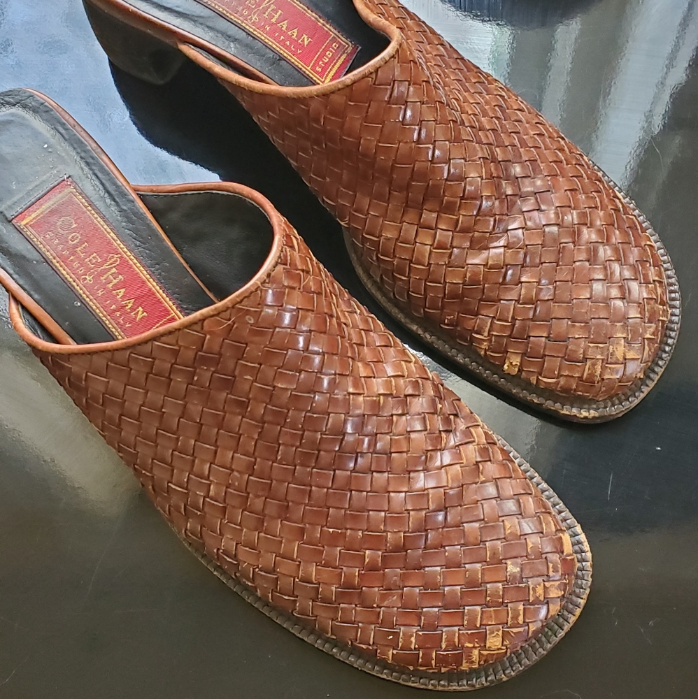 Beautiful basket woven leather mules